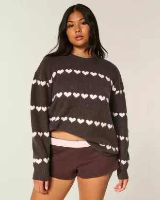 Oversized Heart Pattern Crew-tröja