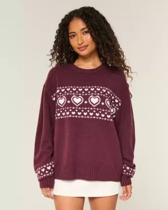 Oversized Heart Pattern Crew-tröja