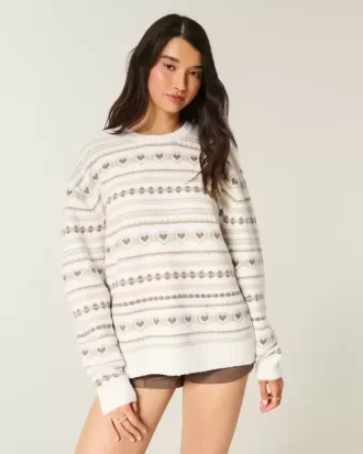 Oversized Heart Pattern Crew-tröja Oversized Heart Pattern Crew-tröja