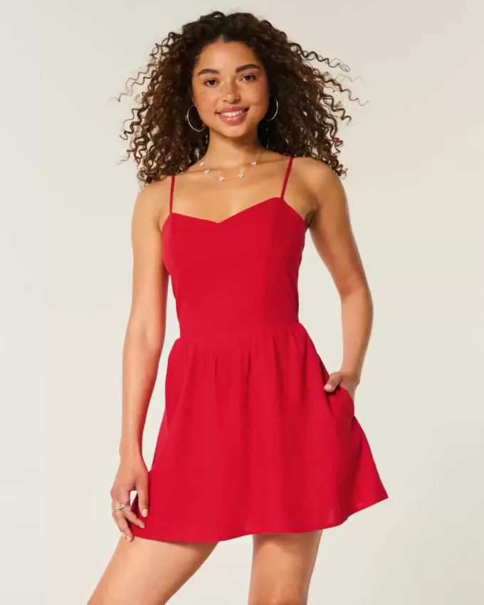 Öppen-Back Linne-Blend Skort Klänning