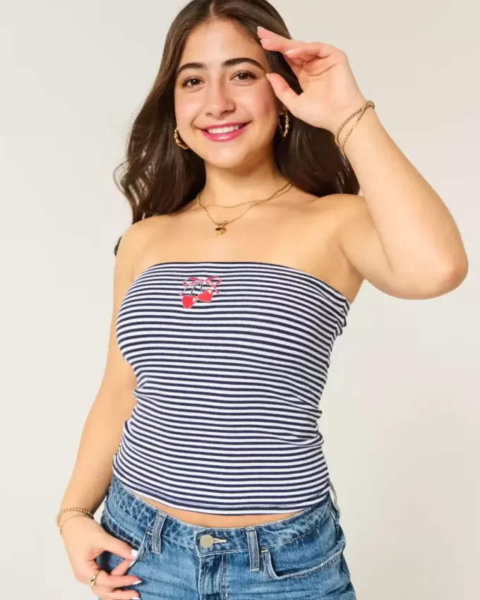 Ribbad axelbandslös broderad körsbärsrörsöverdel Ribbad axelbandslös broderad körsbärsrörsöverdel