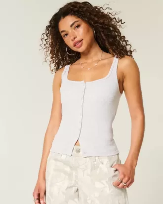 Ribbstickad Button-Through Square-Neck Tank