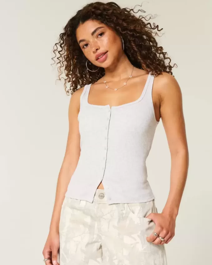 Ribbstickad Button-Through Square-Neck Tank Ribbstickad Button-Through Square-Neck Tank