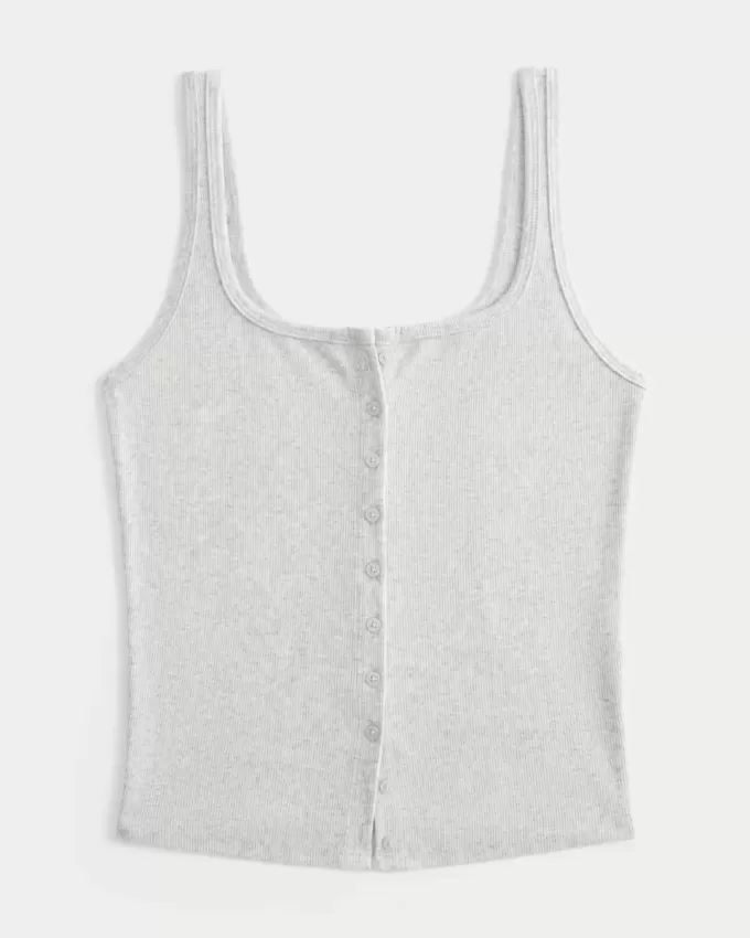 Ribbstickad Button-Through Square-Neck Tank Ribbstickad Button-Through Square-Neck Tank