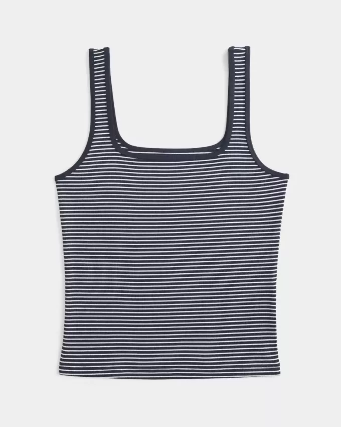 Ribbstickad sömlös tyg tank med fyrkantig hals