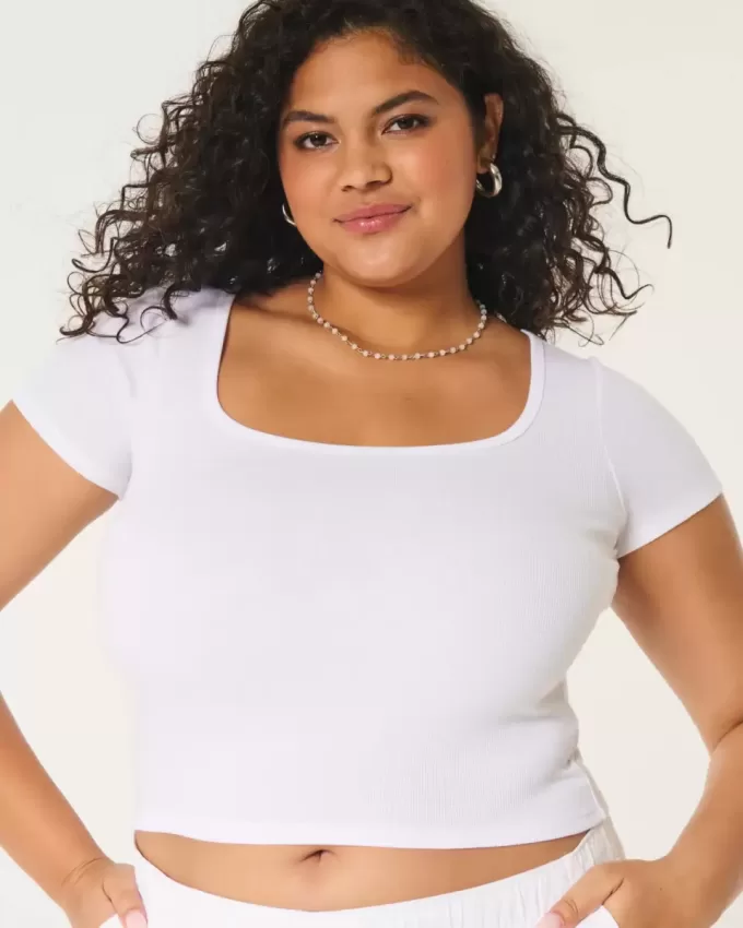 Ribbstickad t-shirt med fyrkantig hals