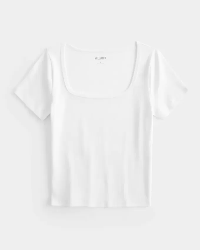 Ribbstickad t-shirt med fyrkantig hals