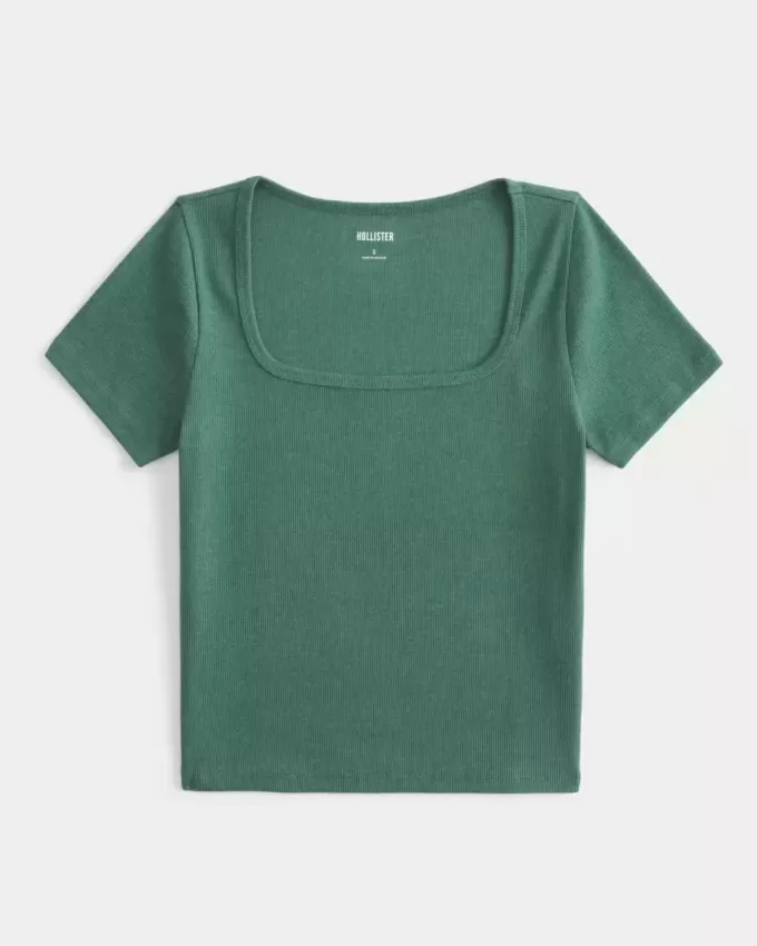 Ribbstickad t-shirt med fyrkantig hals