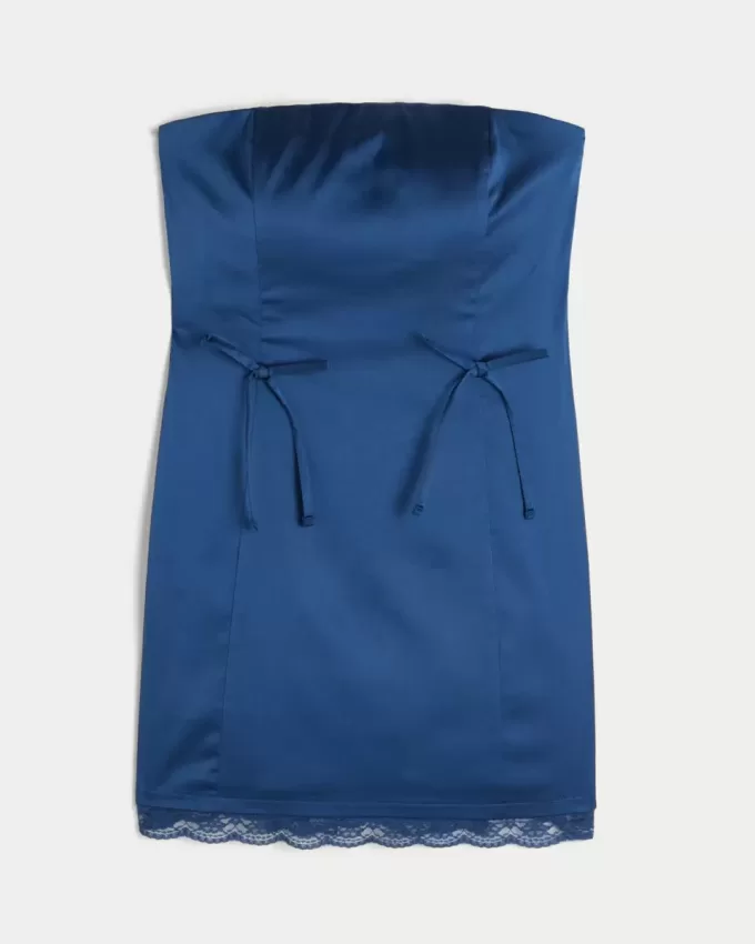 Satin axelbandslös rosett Bodycon Klänning Satin axelbandslös rosett Bodycon Klänning