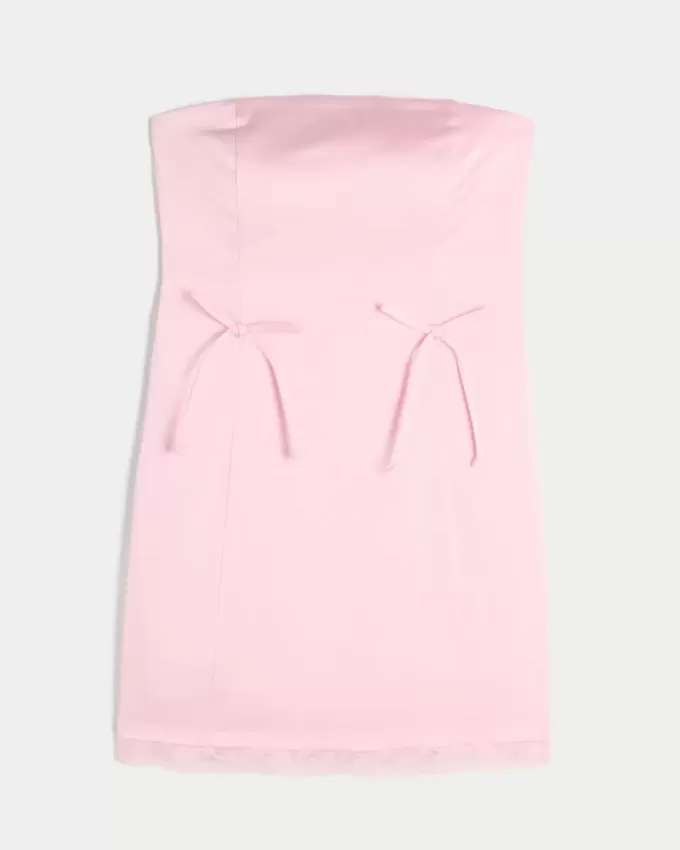 Satin axelbandslös rosett Bodycon Klänning Satin axelbandslös rosett Bodycon Klänning