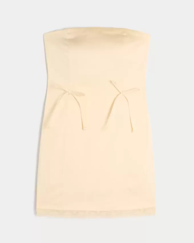Satin axelbandslös rosett Bodycon Klänning Satin axelbandslös rosett Bodycon Klänning