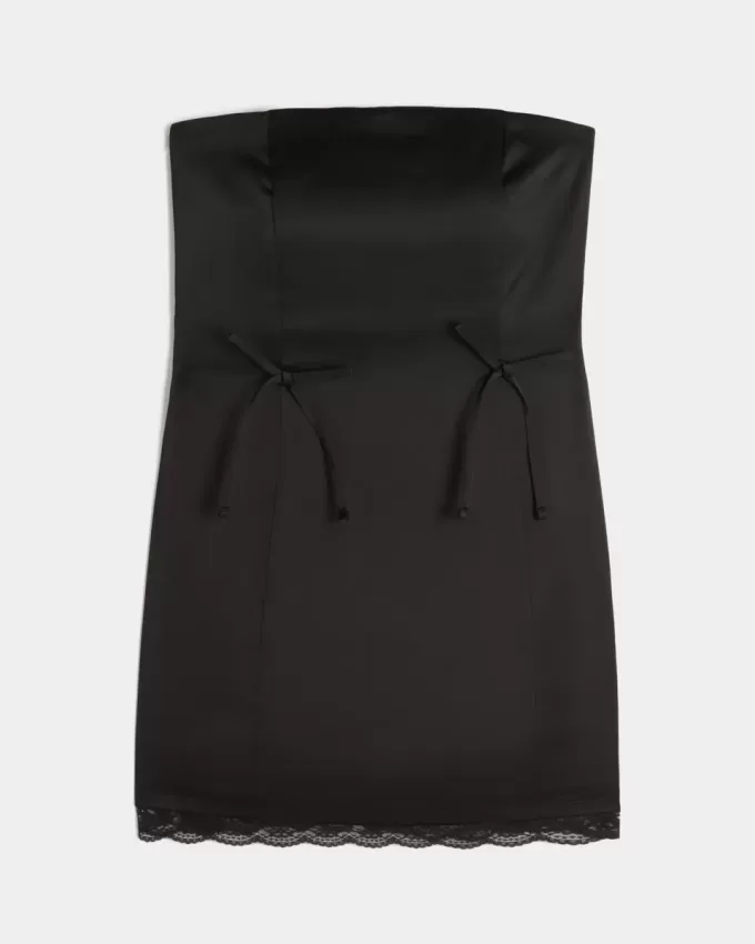 Satin axelbandslös rosett Bodycon Klänning Satin axelbandslös rosett Bodycon Klänning