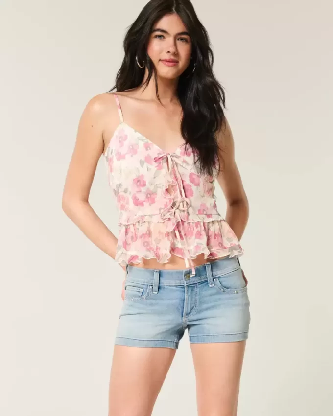 Shorts-shorts i denim med dubb i medeltvätt med låg höjd