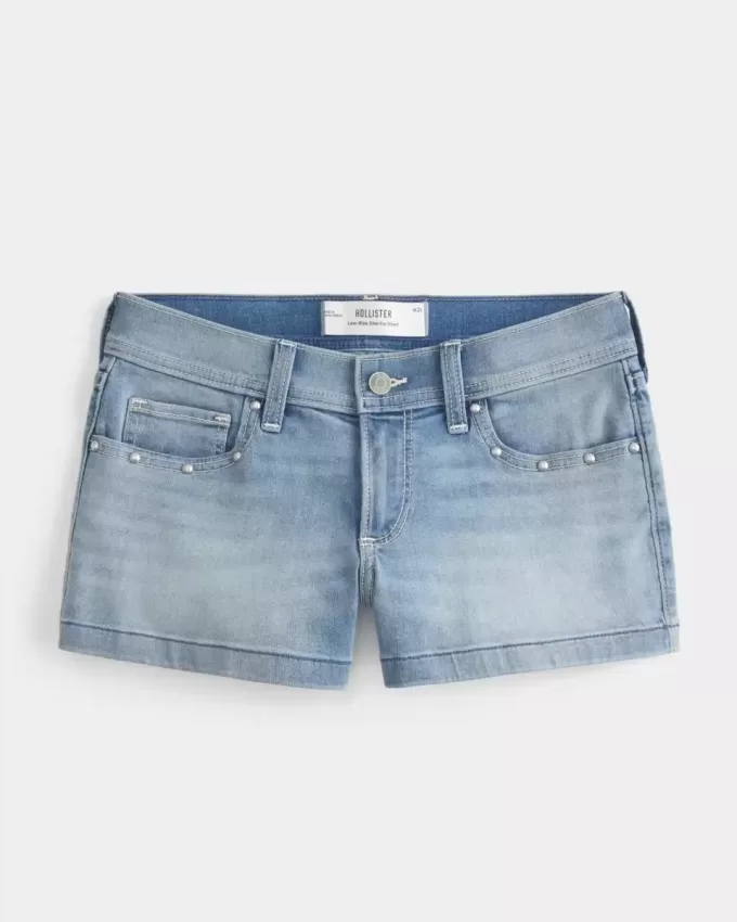 Shorts-shorts i denim med dubb i medeltvätt med låg höjd