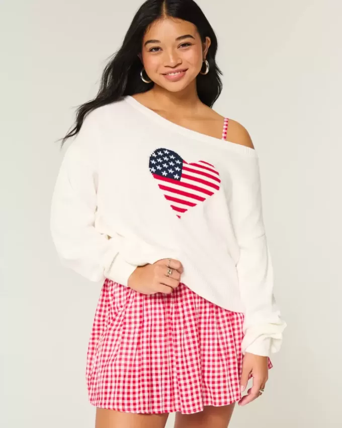 Slouchy off-the-shoulder flagga hjärta grafisk tröja Slouchy off-the-shoulder flagga hjärta grafisk tröja