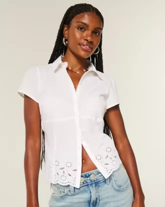 Stretch Poplin Broderad Kortärmad Skjorta