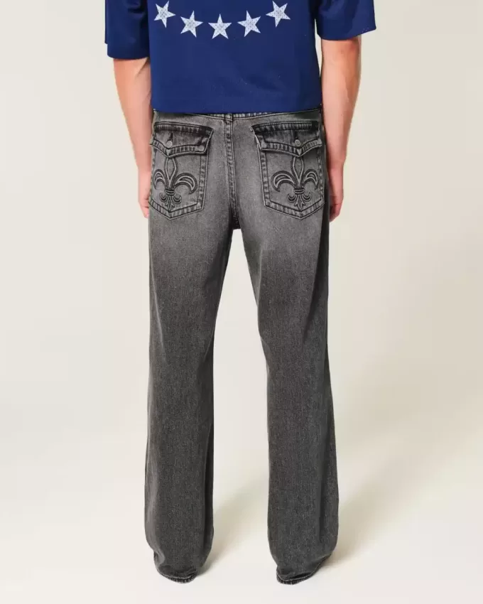 Tvättade svarta broderade Baggy Bootcut-jeans Tvättade svarta broderade Baggy Bootcut-jeans