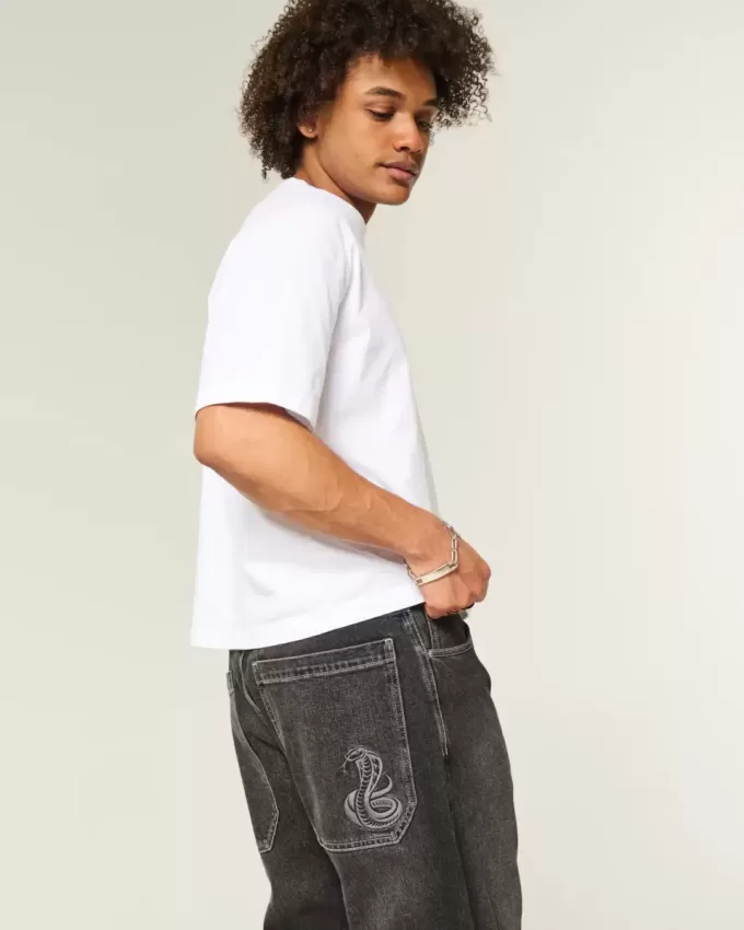 Tvättade Svarta Broderade Snake Skater Baggy Jeans Tvättade Svarta Broderade Snake Skater Baggy Jeans