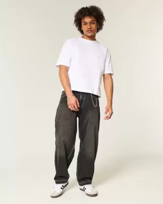 Tvättade Svarta Broderade Snake Skater Baggy Jeans