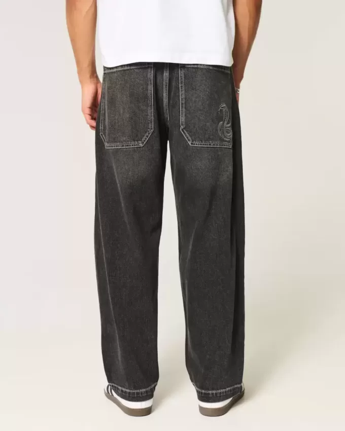 Tvättade Svarta Broderade Snake Skater Baggy Jeans Tvättade Svarta Broderade Snake Skater Baggy Jeans