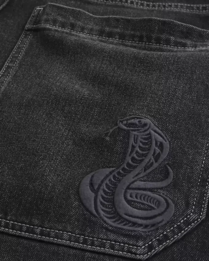 Tvättade Svarta Broderade Snake Skater Baggy Jeans Tvättade Svarta Broderade Snake Skater Baggy Jeans
