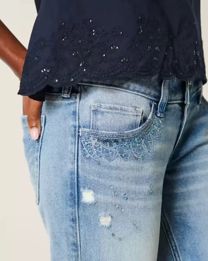 Ultra Low-Rise Distressed Light Wash Sequin Flare Jeans Ultra Low-Rise Distressed Light Wash Sequin Flare Jeans