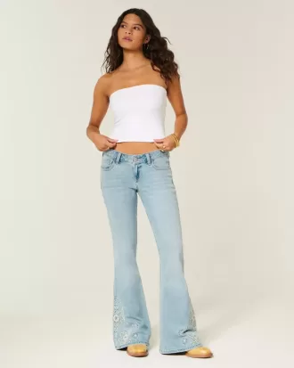 Ultra Low-Rise Light Wash Floral Brodery Flare Jeans