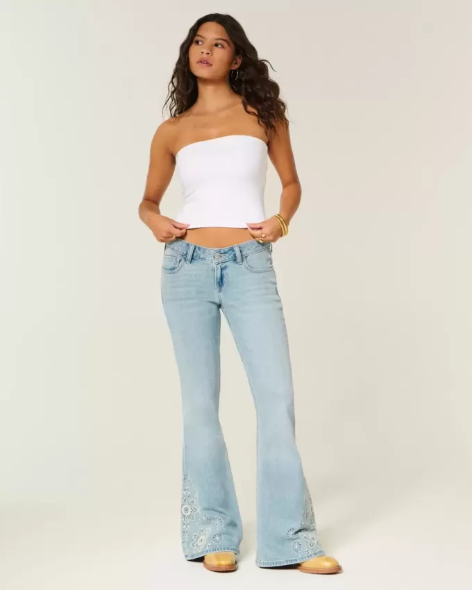 Ultra Low-Rise Light Wash Floral Brodery Flare Jeans Ultra Low-Rise Light Wash Floral Brodery Flare Jeans