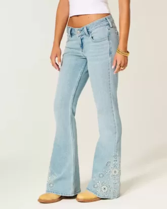 Ultra Low-Rise Light Wash Floral Brodery Flare Jeans