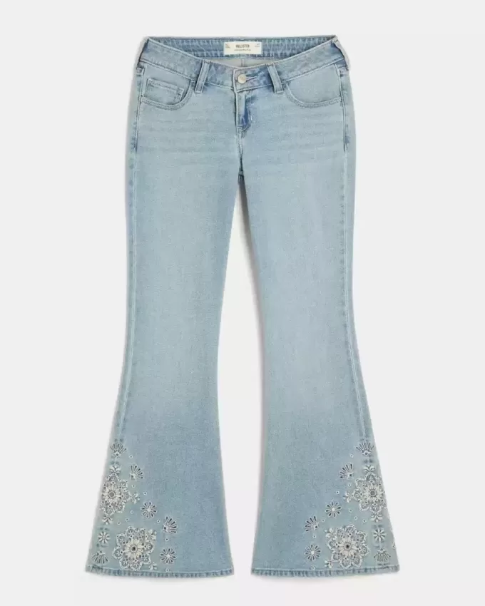 Ultra Low-Rise Light Wash Floral Brodery Flare Jeans Ultra Low-Rise Light Wash Floral Brodery Flare Jeans