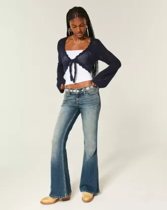 Ultra Low-Rise Medium Wash Broderade Flare Jeans