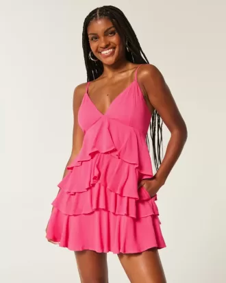 V-ringad Ruffled Tier Babydoll Miniklänning
