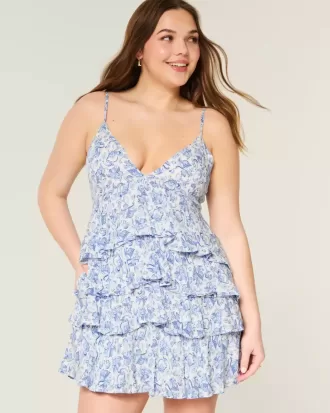 V-ringad Ruffled Tier Babydoll Miniklänning