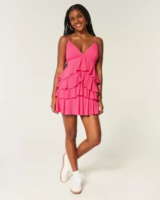 V-ringad Ruffled Tier Babydoll Miniklänning