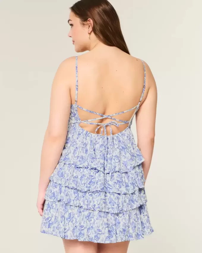 V-ringad Ruffled Tier Babydoll Miniklänning