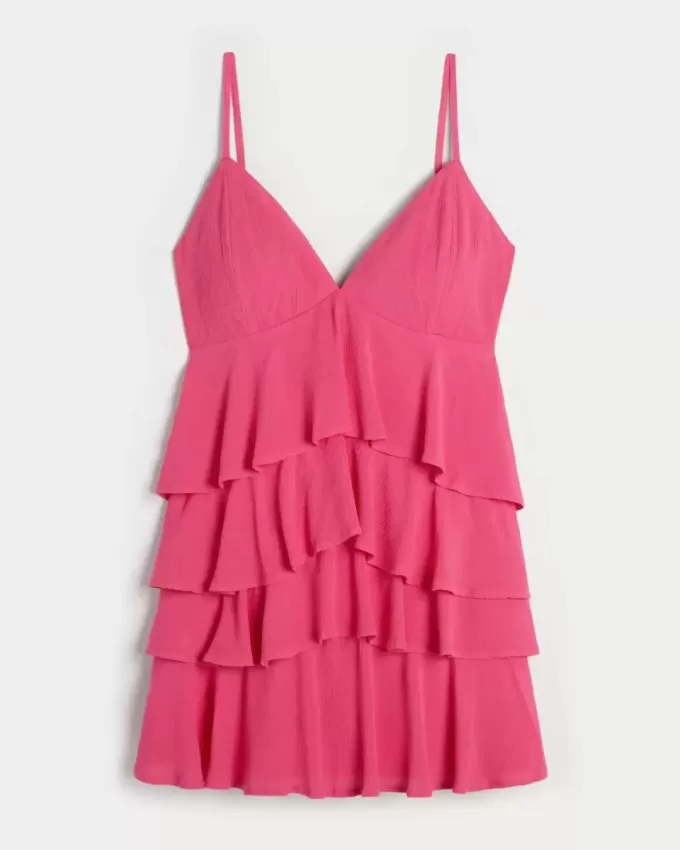 V-ringad Ruffled Tier Babydoll Miniklänning