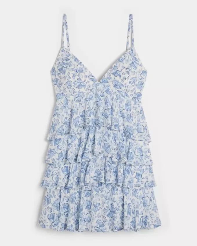 V-ringad Ruffled Tier Babydoll Miniklänning