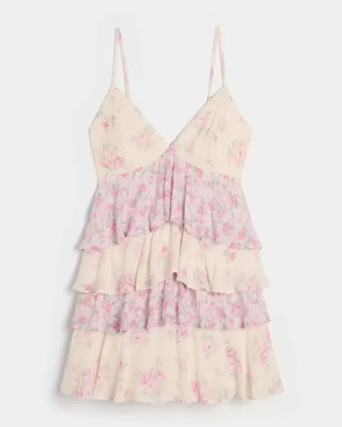 V-ringad Ruffled Tier Babydoll Miniklänning