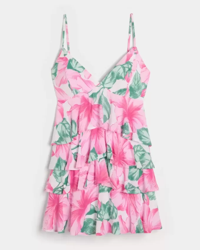 V-ringad Ruffled Tier Babydoll Miniklänning V-ringad Ruffled Tier Babydoll Miniklänning