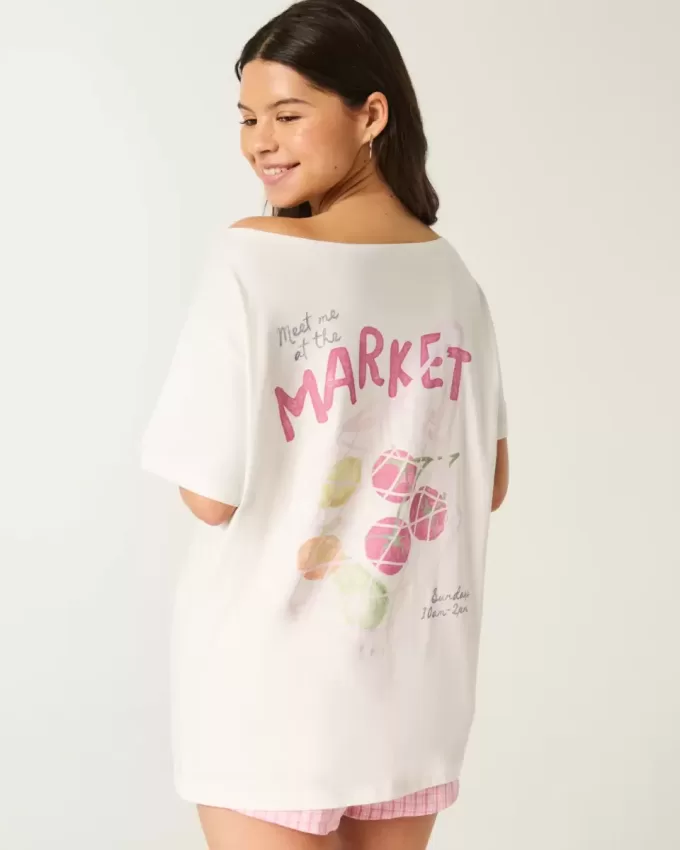 Överdimensionerad Off-the-Soulder Farmers Market grafisk t-shirt Överdimensionerad Off-the-Soulder Farmers Market grafisk t-shirt