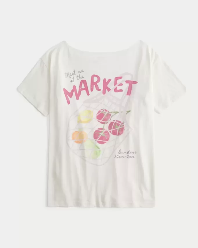 Överdimensionerad Off-the-Soulder Farmers Market grafisk t-shirt Överdimensionerad Off-the-Soulder Farmers Market grafisk t-shirt