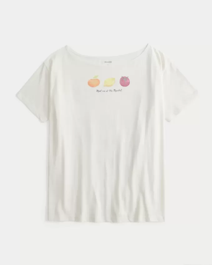 Överdimensionerad Off-the-Soulder Farmers Market grafisk t-shirt Överdimensionerad Off-the-Soulder Farmers Market grafisk t-shirt