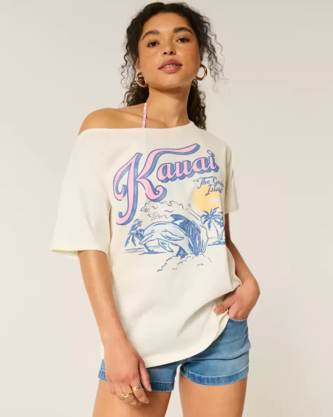 Överdimensionerad Off-the-Soulder Kauai grafisk t-shirt Överdimensionerad Off-the-Soulder Kauai grafisk t-shirt