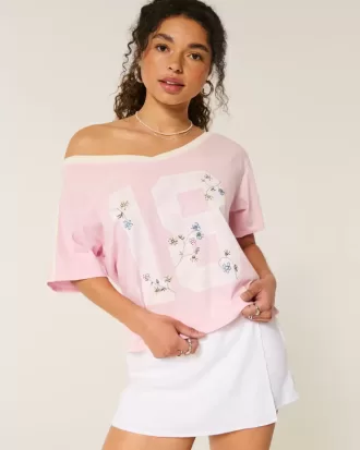 Överdimensionerad Off-the-Soulder Varsity Floral Graphic T-shirt