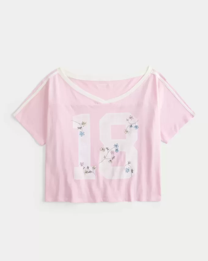 Överdimensionerad Off-the-Soulder Varsity Floral Graphic T-shirt Överdimensionerad Off-the-Soulder Varsity Floral Graphic T-shirt