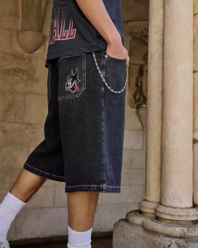 Washed Black Cat Graphic Super Baggy jeansshorts