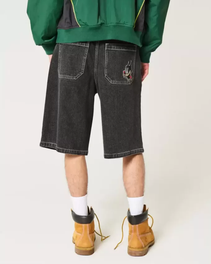 Washed Black Cat Graphic Super Baggy jeansshorts