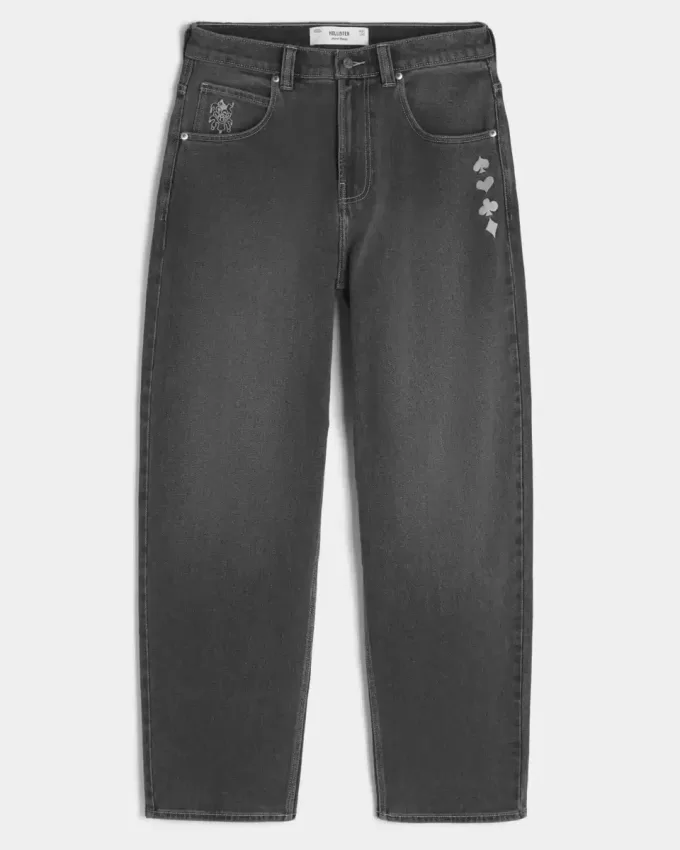 Washed Black Playing Card Joker Graphic Skater Baggy Jeans Washed Black Playing Card Joker Graphic Skater Baggy Jeans