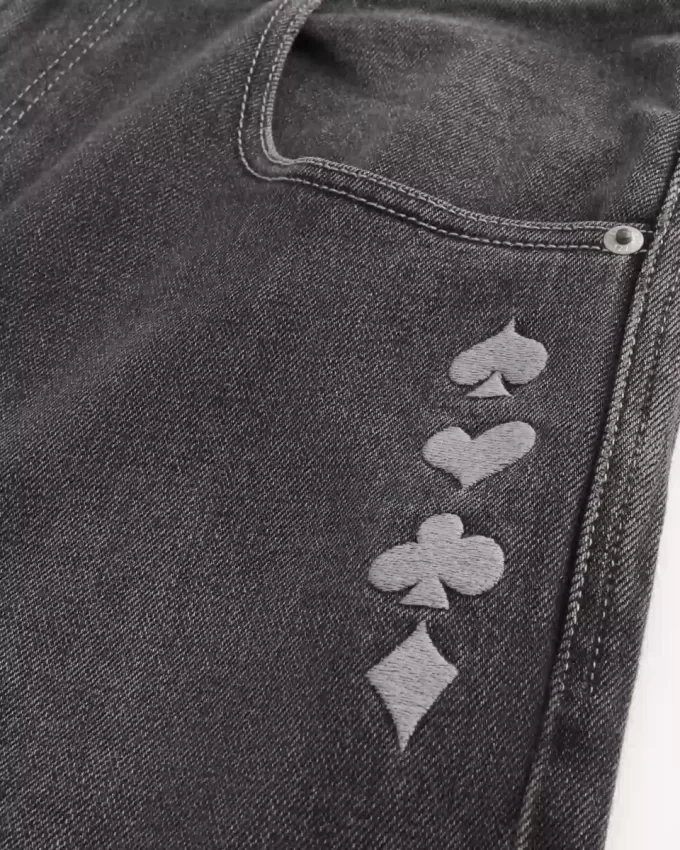 Washed Black Playing Card Joker Graphic Skater Baggy Jeans Washed Black Playing Card Joker Graphic Skater Baggy Jeans